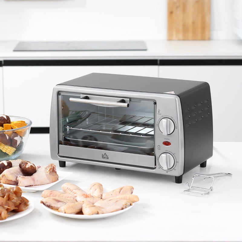 HOMCOM Mini Forno Elétrico de 10 Litros 750W com Temperatura até 230 °C Temporizador 60 Minutos Bandeja e Grade 36,5x26x22cm Preto e Prata