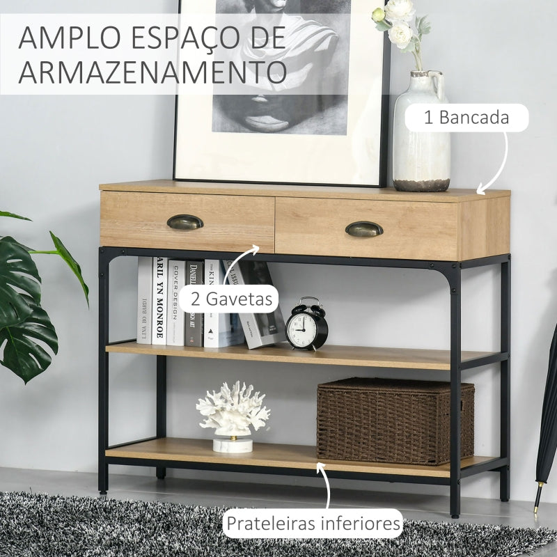 HOMCOM Mesa Consola Mesa de Entrada Estreita com 2 Gavetas e 2 Prateleiras de Armazenamento Estrutura de Aço para Corredor Entrada Sala de Estar 100x35x79,5cm Carvalho e Preto