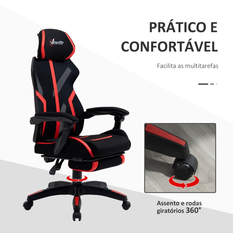 Vinsetto Cadeira de Gaming com Apoio para os Pés Retrátil Cadeira de Escritório Reclinável com Apoio para a Cabeça e Altura Ajustável 65x65x119-129cm Preto e Vermelho