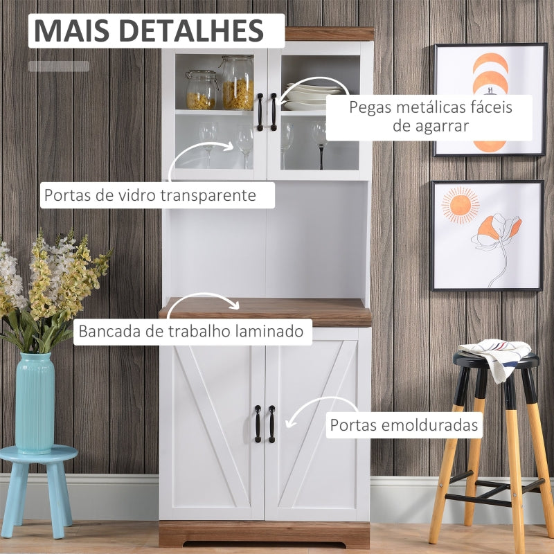 HOMCOM Armário de Cozinha com 2 Portas de Vidro Prateleiras Ajustáveis Bancada e Sistema Anti-Tombo 72x40x178cm Branco e Madeira