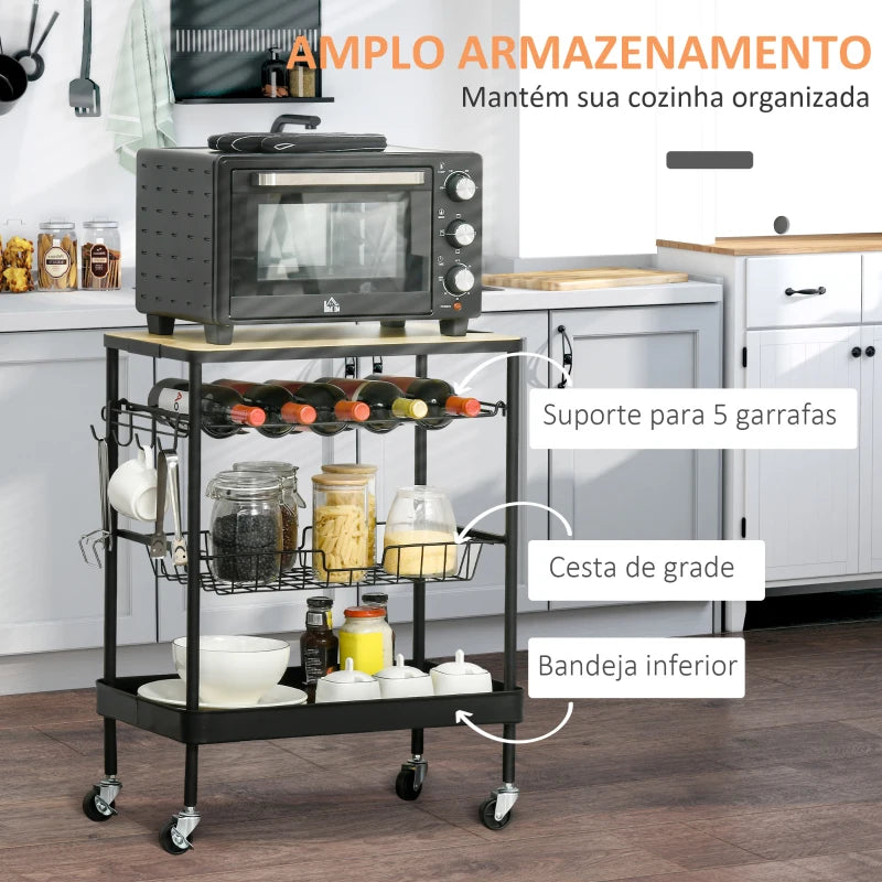 HOMCOM Carrinho de Cozinha com Rodas Carrinho de Cozinha Multiuso com Suporte para Garrafas Cesta Removível e 4 Ganchos para Sala de Jantar Sala de Estar 60,5x35,5x75cm Preto e Carvalho