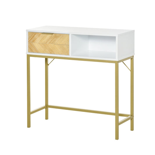 HOMCOM Mesa consola com gaveta e prateleira aberta Estilo moderno Móveis de Corredor Sala de estar 80x30x80,5 cm Ouro branco