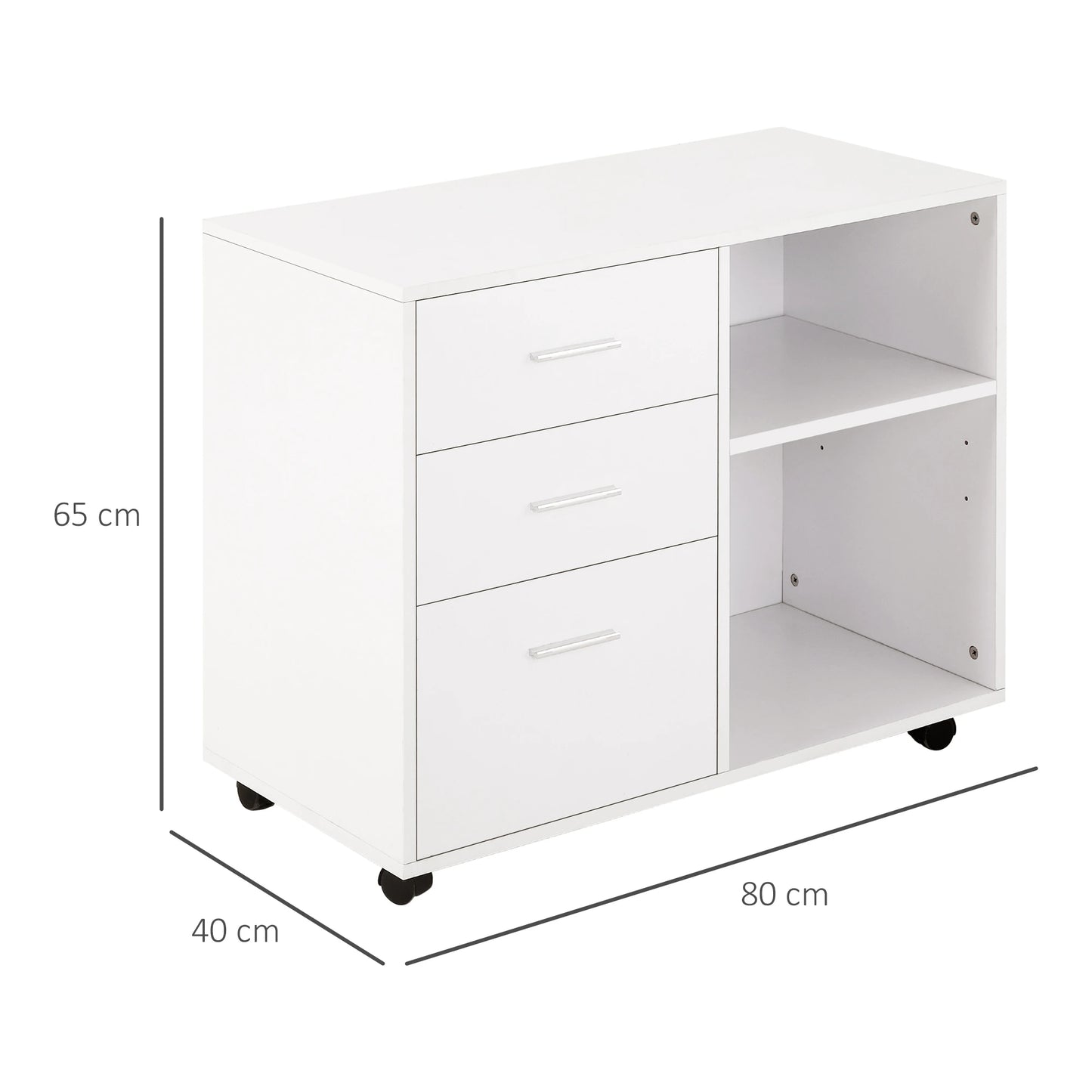 HOMCOM Armário de Escritório para Impressora Multifuncional com 3 Gavetas Prateleira Ajustável e Rodas 80x40x65cm Branco