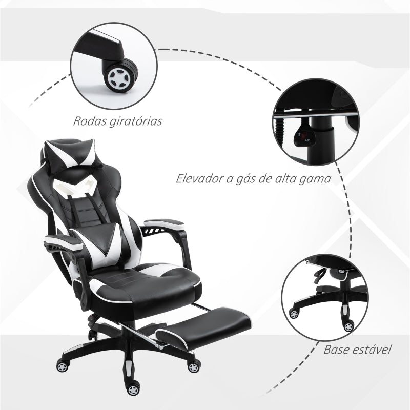 Vinsetto Cadeira de escritorio gaming ergonômica Altura ajustável Reclinável Encosto com apoio para pés 65x70x118,5-128,5 cm Branco e Preto