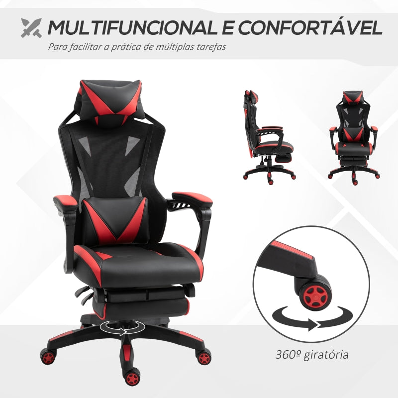 Vinsetto Cadeira Gaming Ergonómica Cadeira Gaming para Escritório com Altura Ajustável Encosto Regulável Almofada Lombar Apoio para os Pés Retráteis 65x70x117-125cm Vermelho