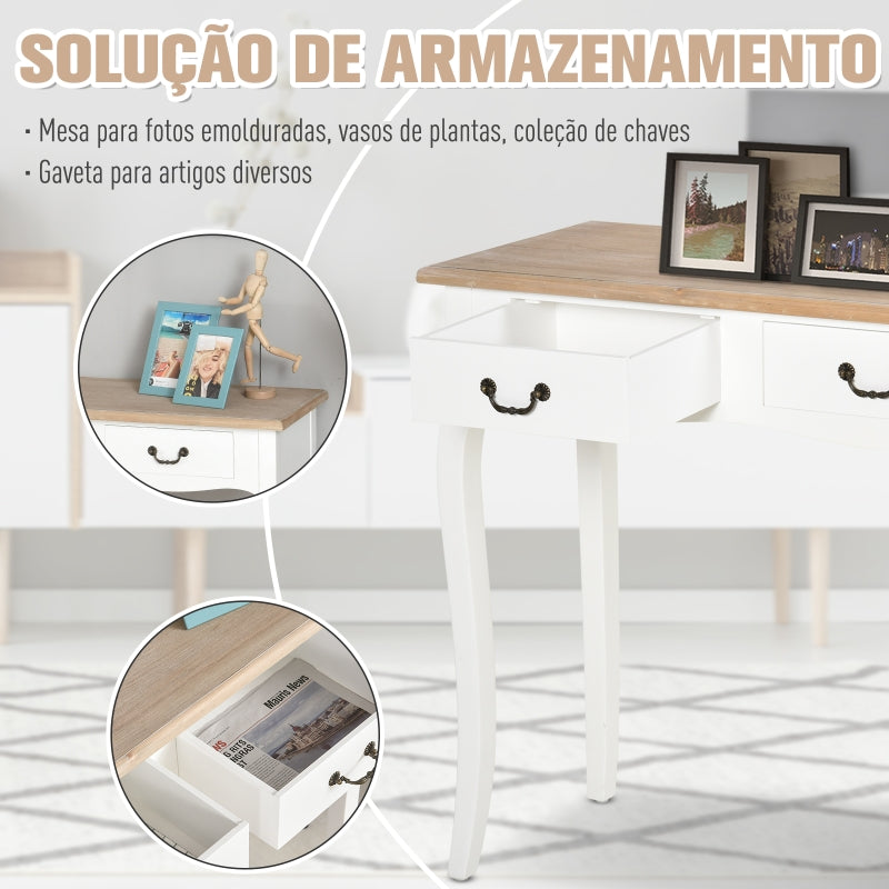 HOMCOM Mesa Consola Mesa Auxiliar com 2 Gavetas para Entrada Corredor Sala de Estar 87x34x78,5cm Branco e Madeira