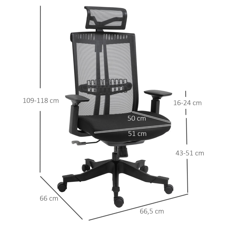 Vinsetto Cadeira de Escritório Ergonômica Giratória e Reclinável com Altura Ajustável Apoio para os Braços Apoio para a Cabeça e Suporte Lombar Regulável 66,5x66x109-118cm Preto