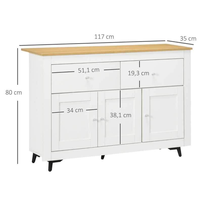 HOMCOM Aparador Móvel Auxiliar de Cozinha com 2 Gavetas 3 Portas e Prateleira Ajustável Móvel de TV de até 50 Polegadas 117x35x80 cm Branco e Madeira