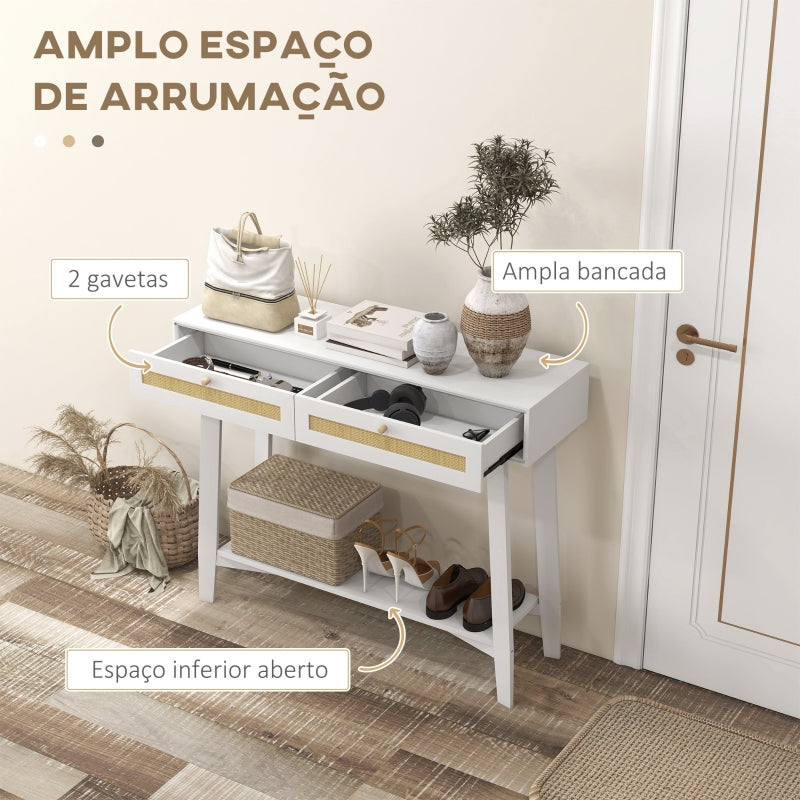 HOMCOM Mesa Consola para Entrada Mesa de Entrada com 2 Gavetas de Desenho de Vime para Sala Corredor 100x30x81 cm Branco