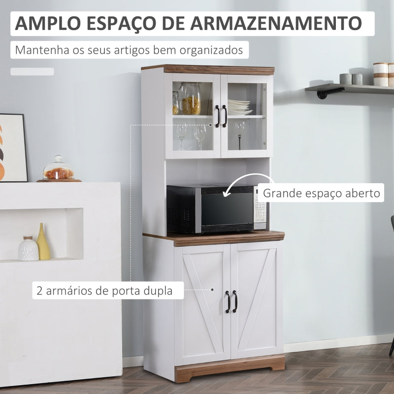 HOMCOM Armário de Cozinha com 2 Portas de Vidro Prateleiras Ajustáveis Bancada e Sistema Anti-Tombo 72x40x178cm Branco e Madeira