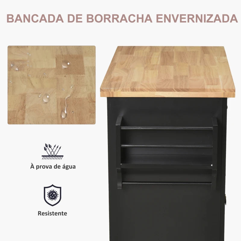 HOMCOM Ilha de Cozinha com Rodas 2 Gavetas 4 Portas Suporte para Temperos e Barra Lateral 111x44,5x82,5 cm Preto e Madeira