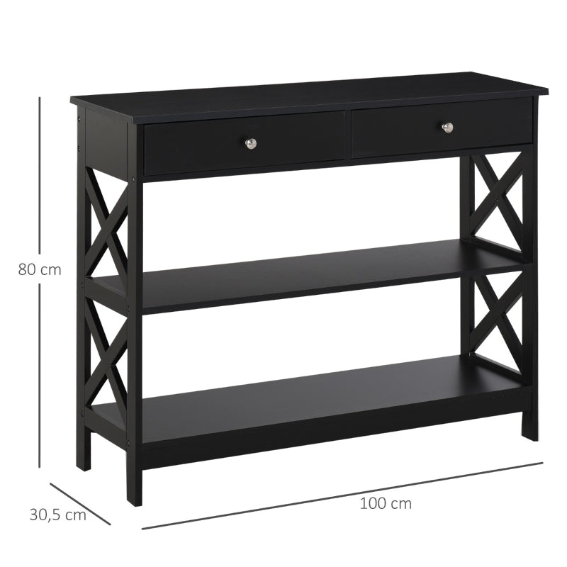 HOMCOM Consola de Entrada com 2 Gavetas e 2 Prateleiras Inferiores Mobiliário Moderno Base Elevada Anti-Inclinação 100x30,5x80 cm Preto