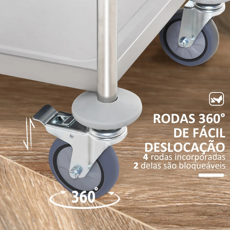 HOMCOM Carrinho Auxiliar com Rodas de Aço Inoxidável Carrinho de Cozinha com 2 Prateleiras e 2 Pegas 70,5x40,5x81 cm Prata