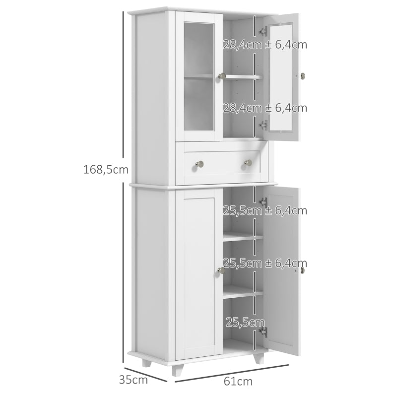 HOMCOM Armário de Cozinha Móvel Auxiliar de Cozinha com 2 Portas de Vidro Gaveta e Prateleiras Ajustáveis 61x35x168,5 cm Branco