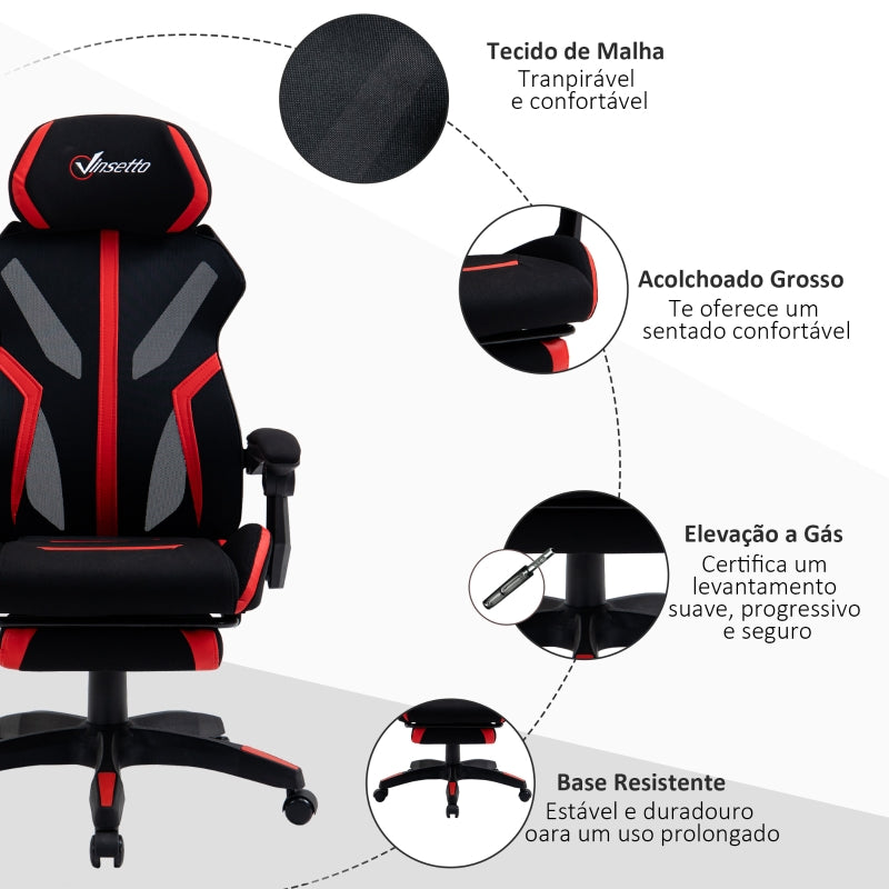 Vinsetto Cadeira de Gaming com Apoio para os Pés Retrátil Cadeira de Escritório Reclinável com Apoio para a Cabeça e Altura Ajustável 65x65x119-129cm Preto e Vermelho