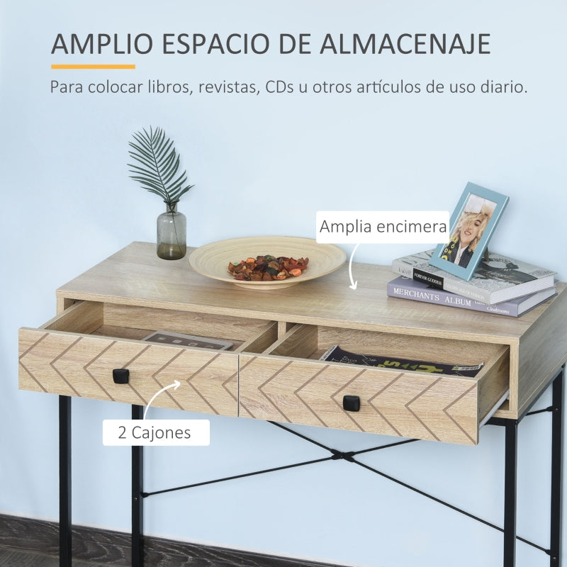 HOMCOM Mesa Consola 90x35x76cm Mesa de Entrada com 2 Gavetas de Armazenamento Decorativos e Estrutura de Metal para Entrada Corredor Sala de Estar Natural