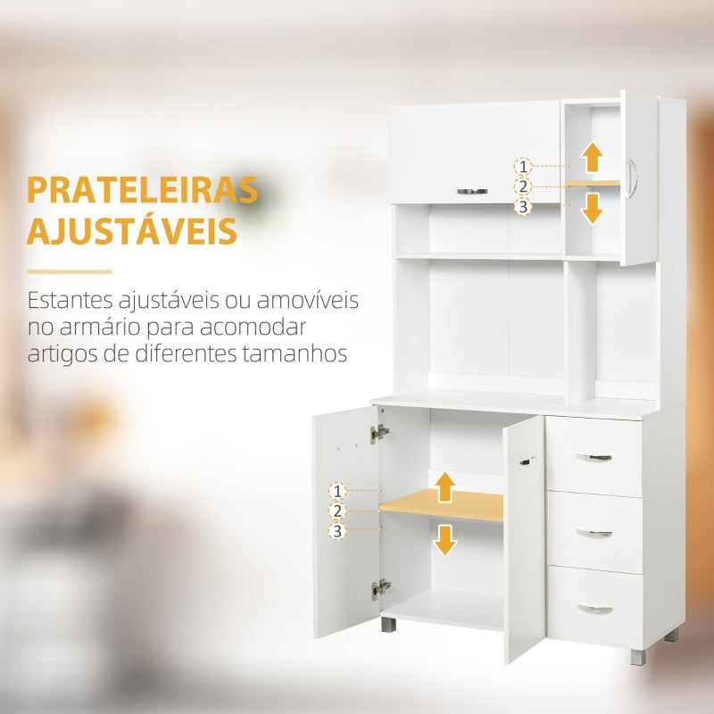 HOMCOM Armário de Cozinha Armário Alto com 3 Gavetas 4 Portas Prateleiras Interiores Ajustáveis e Pés Elevados Móvel Auxiliar para Sala de Jantar Sala de Estar 100x39,x183,5cm Branco