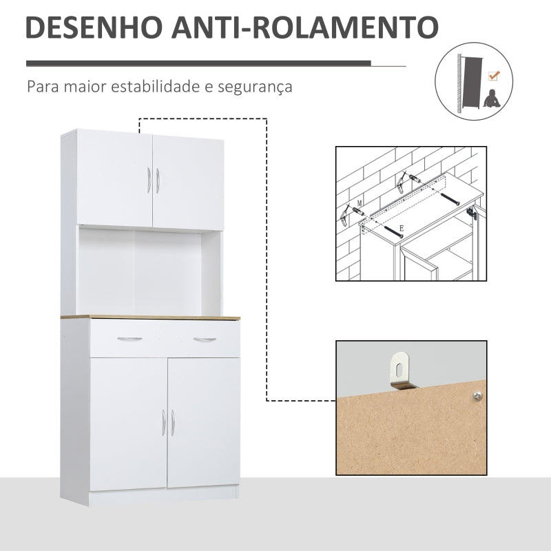 HOMCOM Armário de Cozinha com Gaveta 4 Portas e Prateleiras Interiores Ajustável em Altura Móvel Auxiliar de Armazenamento Moderno para Sala de Jantar Sala de Estar 80x40x180cm Branco