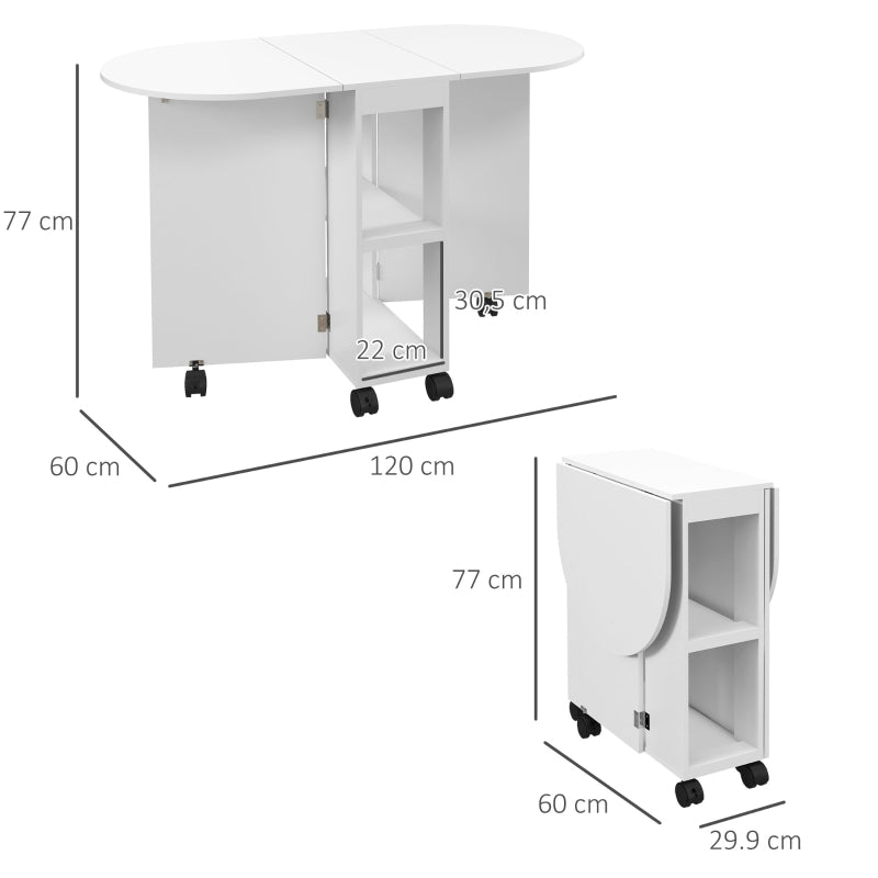 HOMCOM Mesa de Cozinha Dobrável com Rodas Laterais 120x60x77 cm Branco