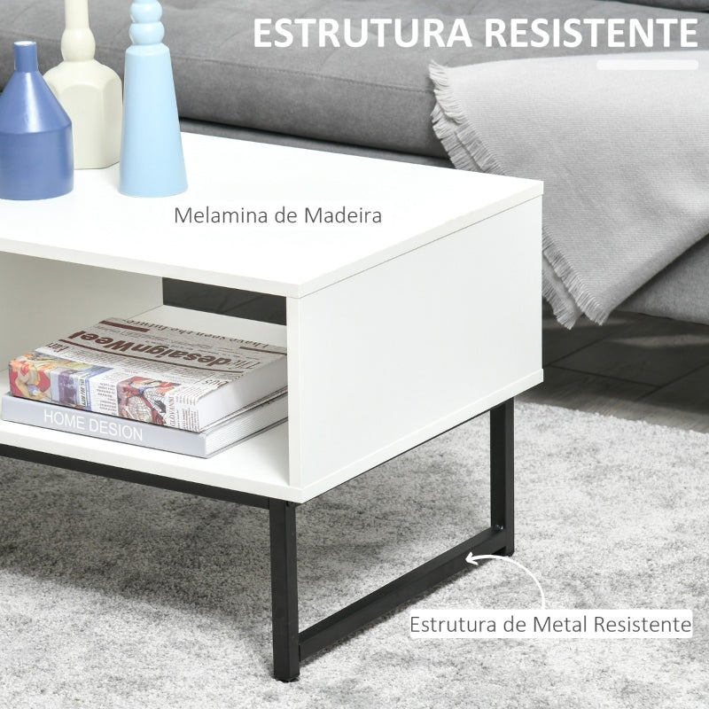 HOMCOM Mesa de Centro para Sala de Estar Mesa de Centro Moderna com Prateleira Aberta Gaveta e Pés Elevados Mesa Auxiliar para Sala de Estar Escritório 106x48x43cm Branco