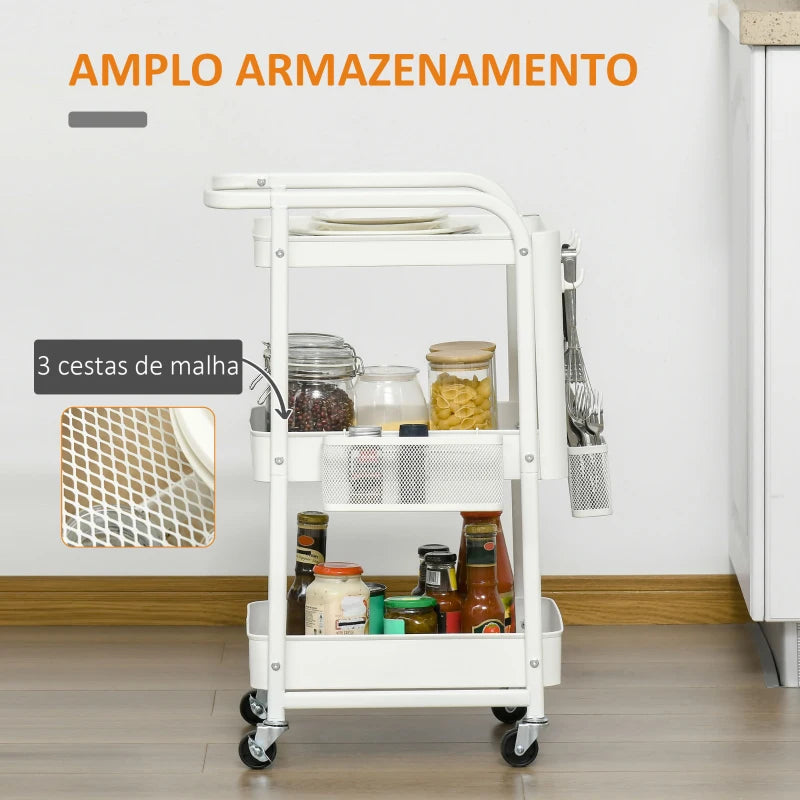 HOMCOM Carrinho de Cozinha com Rodas Carrinho de Armazenamento de 3 Níveis com 4 Ganchos 2 Cestas Alça de Transporte e Rodas com Freio para Casa de Banho Escritório Dormitório 51,5x32x75,6cm Branco