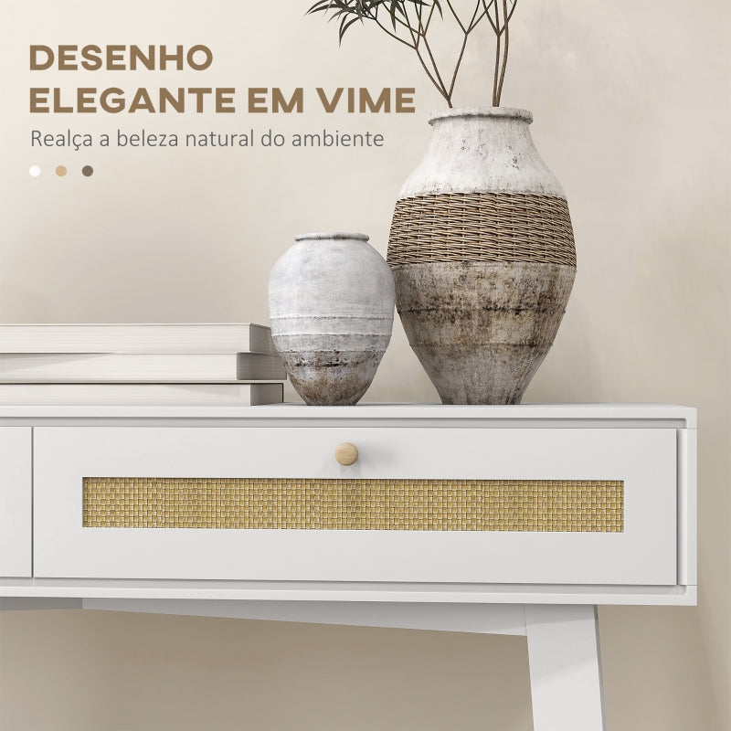 HOMCOM Mesa Consola para Entrada Mesa de Entrada com 2 Gavetas de Desenho de Vime para Sala Corredor 100x30x81 cm Branco