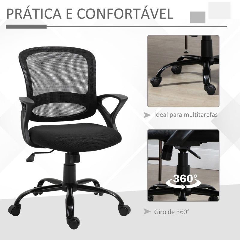 Vinsetto Cadeira de Oficina Ergonômica Basculante com Altura Ajustável Assento Giratório 360° Suporte e Lombar Malha Transpirável 61x61x89-99cm Preto