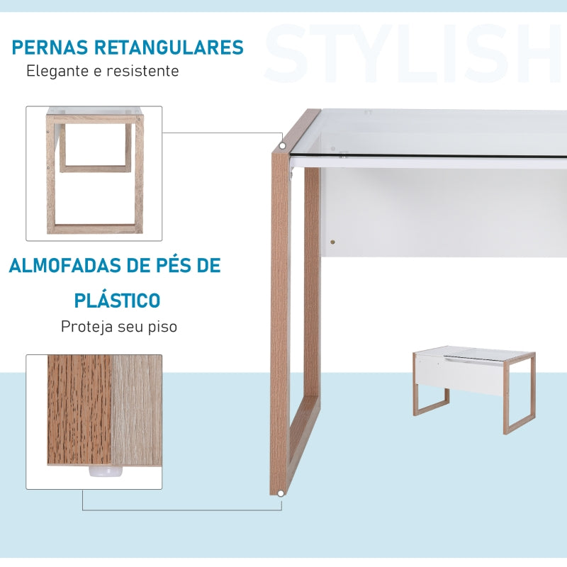 HOMCOM Mesa de computador Com tampo de vidro temperado e gaveta 120x60x75 cm Branco