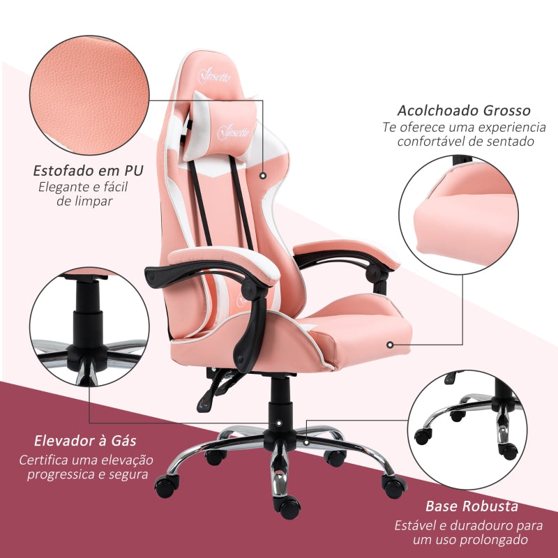 Vinsetto Cadeira Gaming Ergonômica Cadeira Reclinável com Altura Ajustável Apoio para a Cabeça e Lombar 63x67x122-130cm Rosa e Branco