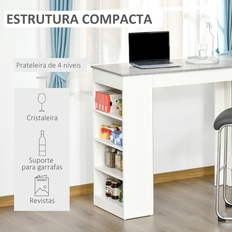 HOMCOM Mesa de Bar Mesa Alta Tipo Bistrô de Cozinha com Prateleiras Estilo Moderno de Melamina para Sala de Jantar Sala de Estar 115x50x102,7cm Branco e Cinza