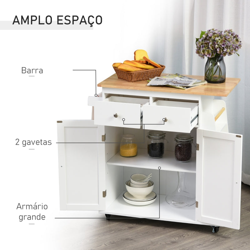 HOMCOM Carrinho de Cozinha Auxiliar com Rodas Carrinho de Cozinha com 2 Gavetas Armário de Armazenamento Prateleira Interior Ajustável  89x45x89,5cm Branco