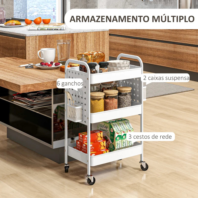 HOMCOM Carrinho Auxiliar com Rodas de Aço com 3 Bandejas 2 Cestos e 6 Ganchos para Cozinha Casa de Banho 53,5x30,5x75 cm Branco