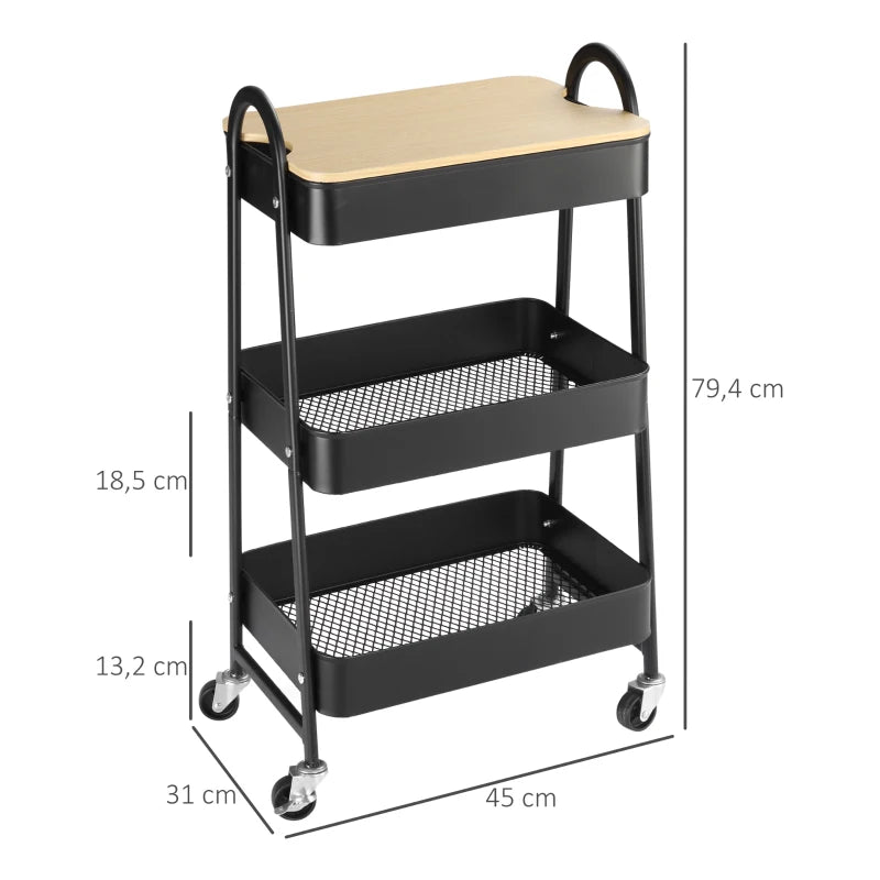 HOMCOM Carrinho Auxiliar com Rodas de 3 Níveis Carrinho de Cozinha com 3 Cestas de Aço e 1 Bancada de Madeira 45x31x79,4 cm Preto