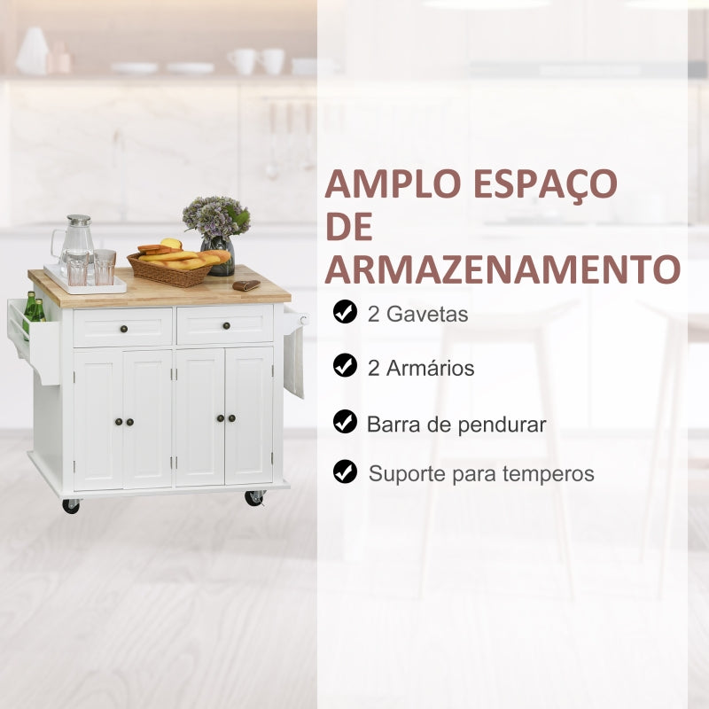 HOMCOM Ilha de Cozinha com Rodas 2 Gavetas 4 Portas Suporte para Temperos e Barra Lateral 111x44,5x82,5cm Branco e Madeira