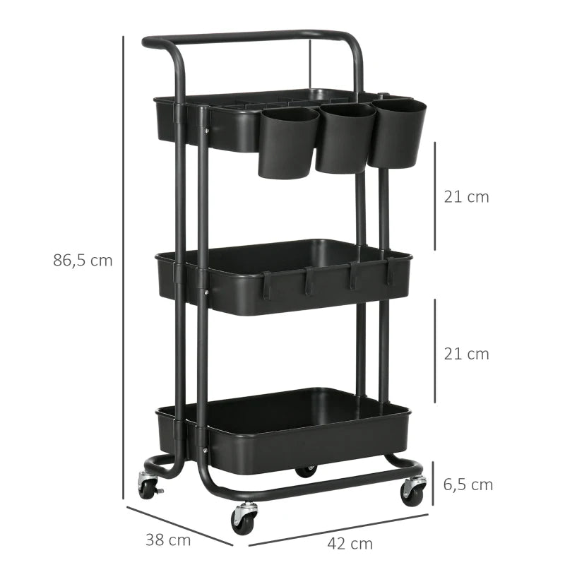 HOMCOM Carrinho de Cozinha Carrinho de Armazenamento com 4 Ganchos 3 Cestas Removíveis 3 Caixas Suspensas 42x38x86,5cm Preto