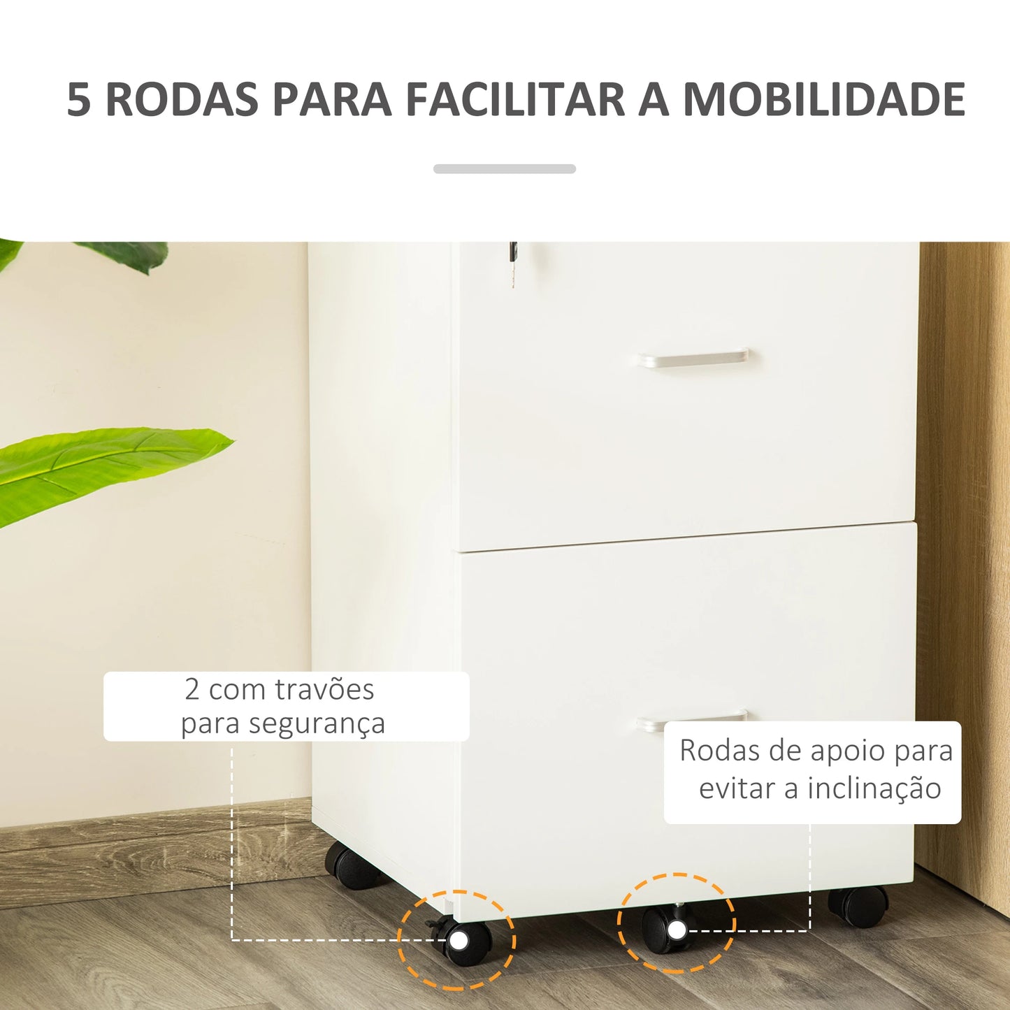 Vinsetto Bloco de Gavetas de Escritório Móvel Auxiliar para Arquivos com 2 Gavetas Fechadura 2 Chaves 5 Rodas e 2 Freios para Estúdio Escritório Dormitório 43x45x72cm Branco