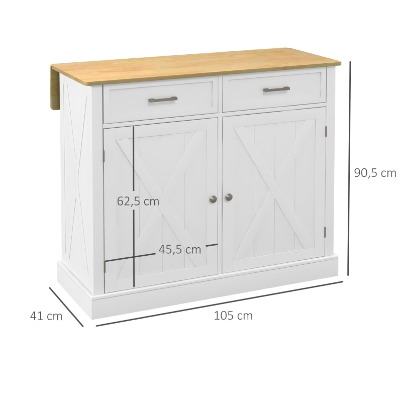 HOMCOM Ilha de Cozinha com Bancada de Madeira Dobrável 2 Portas 2 Gavetas Prateleira Ajustável e 4 Rodas 10x60x90,5 cm Branco e Madeira