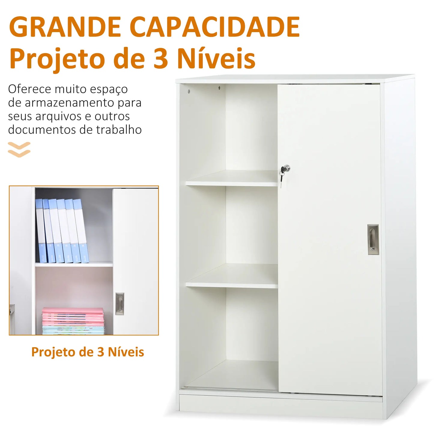 HOMCOM Armário de escritório com 2 portas deslizantes e 3 prateleiras 80x40x120 cm Branco