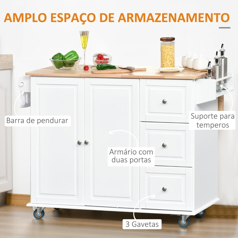 HOMCOM Ilha de Cozinha com Rodas ilha de Cozinha com Bancada Rebatível 3 Gavetas 1 Armário com Prateleira Interior Ajustável e Suporte para Temperos 128,8x75,5x92,5cm Branco e Natural