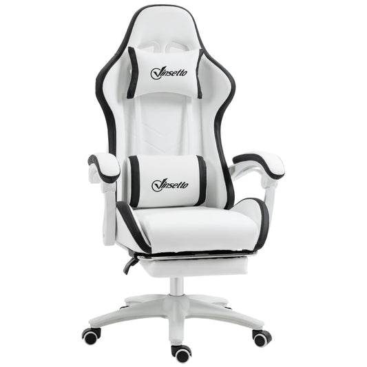 Vinsetto Cadeira Gaming de Couro PU com Altura Ajustável Reclinável 135° e Apoio para os Pés Retrátil 65x65x121-129 cm Branco e Preto