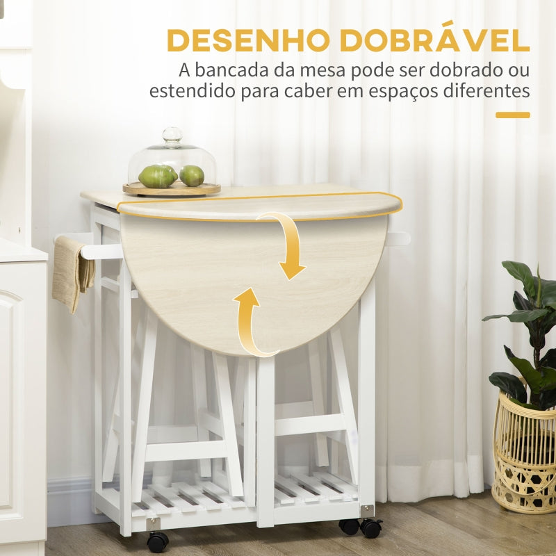 HOMCOM Conjunto de Mesa e 2 Bancos para Cozinha Mesa com Rodas Bancada Dobrável 2 Gavetas e Prateleira 87x74x86cm Carvalho e Branco