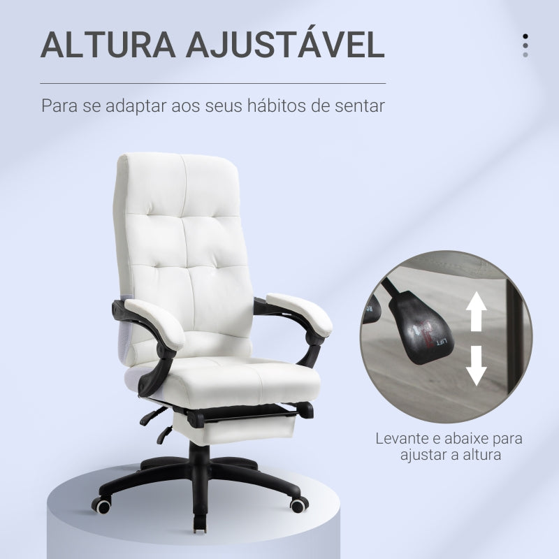 Vinsetto Cadeira de escritório ergonômica giratória com função de inclinação altura ajustável Apoio de braço e apoio para os pés em couro sintético 65x65x118-125 cm Branco