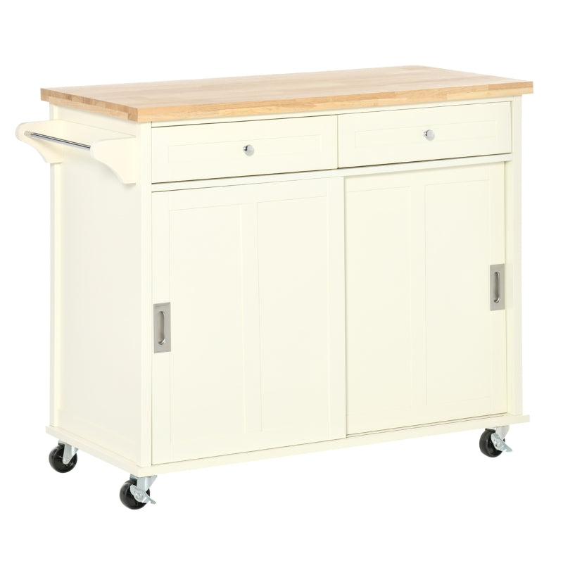 HOMCOM Ilha de Cozinha com 2 Armários Porta Corredeira 2 Gavetas e Barra para Panos Móvel Aparador com Rodas para Sala de Jantar 110x49,5x89,5cm Creme