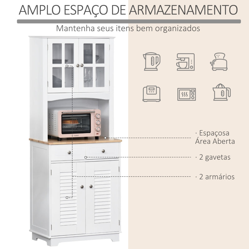 HOMCOM Armário de cozinha Armário aparador com 2 portas 2 gavetas e prateleira aberta para microondas 68x39,5x170 cm branco