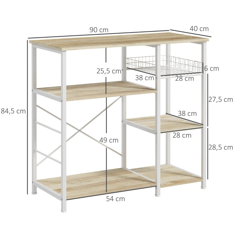 HOMCOM Estante de Cozinha com 1 Cesto 4 Ganchos em S 6 Pés com Almofadas Ajustáveis e Prateleiras 90x40x84,5 cm Carvalho e Branco