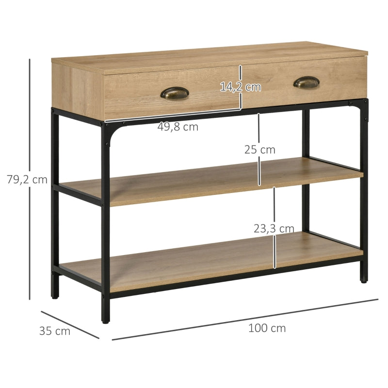 HOMCOM Mesa Consola Mesa de Entrada Estreita com 2 Gavetas e 2 Prateleiras de Armazenamento Estrutura de Aço para Corredor Entrada Sala de Estar 100x35x79,5cm Carvalho e Preto