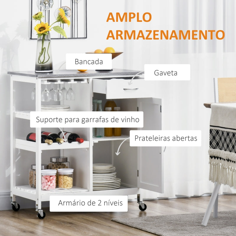 HOMCOM Carrinho de Cozinha com Rodas 1 Gaveta Prateleiras Suporte76x48x88cm Branco e Cinza