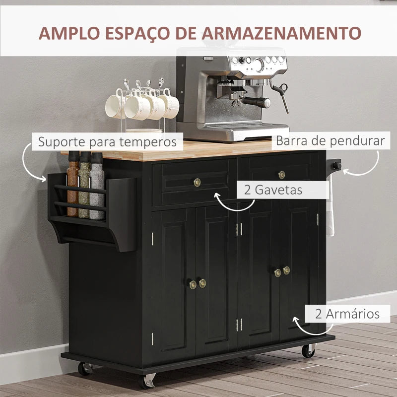 HOMCOM Ilha de Cozinha com Rodas 2 Gavetas 4 Portas Suporte para Temperos e Barra Lateral 111x44,5x82,5 cm Preto e Madeira