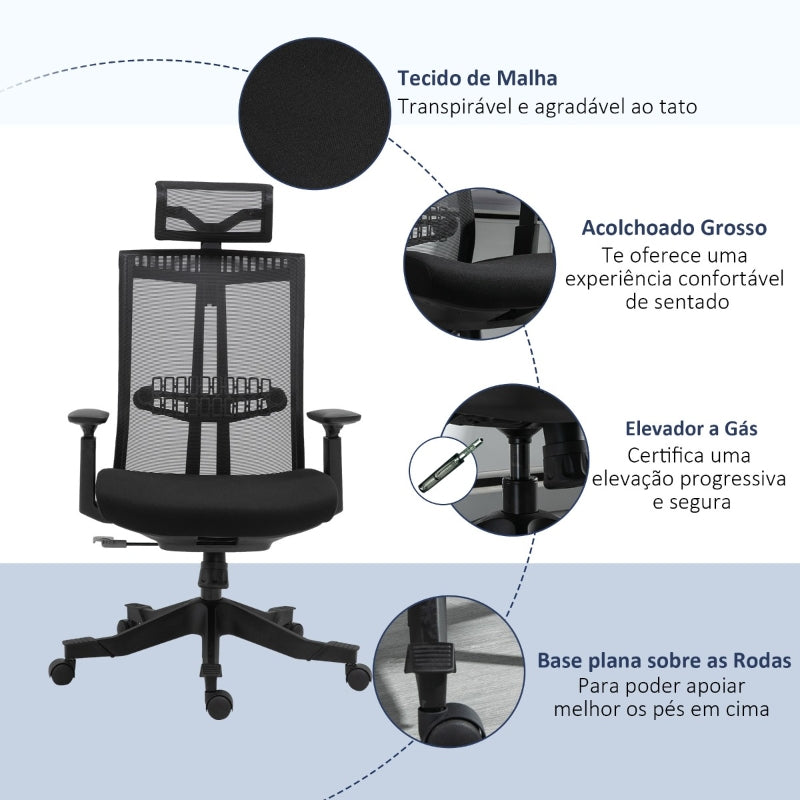 Vinsetto Cadeira de Escritório Ergonômica Giratória e Reclinável com Altura Ajustável Apoio para os Braços Apoio para a Cabeça e Suporte Lombar Regulável 66,5x66x109-118cm Preto