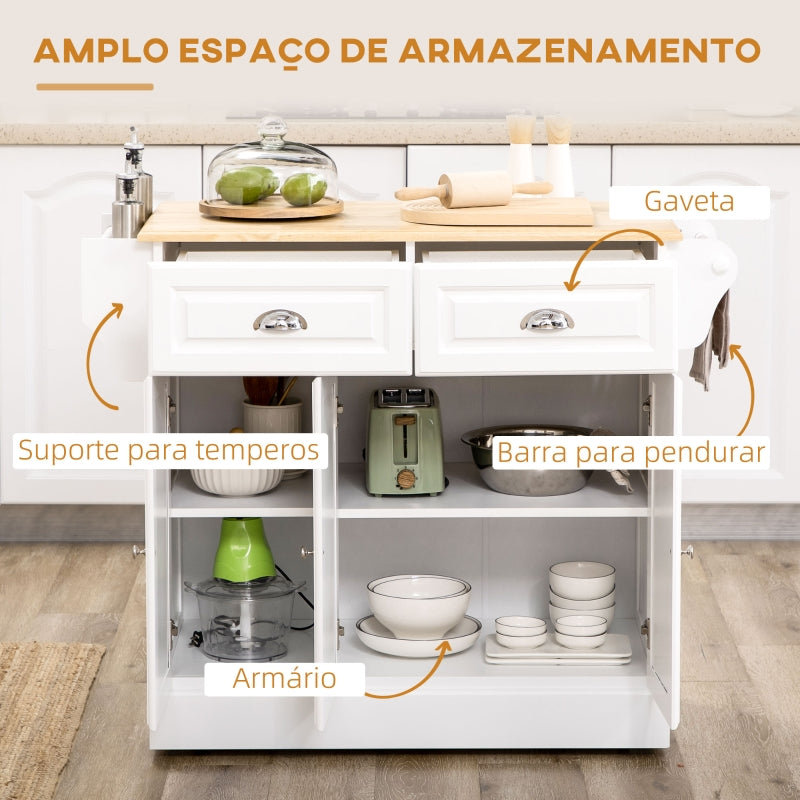 HOMCOM Carrinho de Cozinha com Rodas 2 Gavetas 3 Armários Suporte para Panos e para Temperos para Sala de Jantar 110x45x89cm Branco